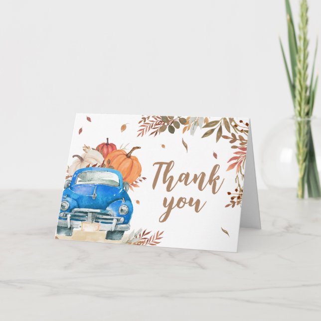 Blue Fall Pumpkin Truck Baby Dusche Dankeskarte (Vorderseite)