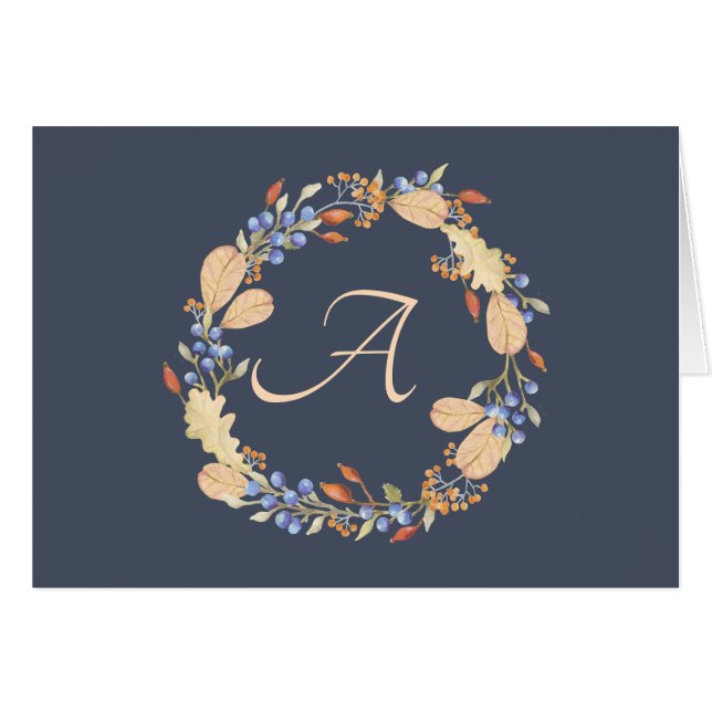 Blue Fall Wreath Script Monogram Mitteilungskarten (Vorderseite (Horizontal))