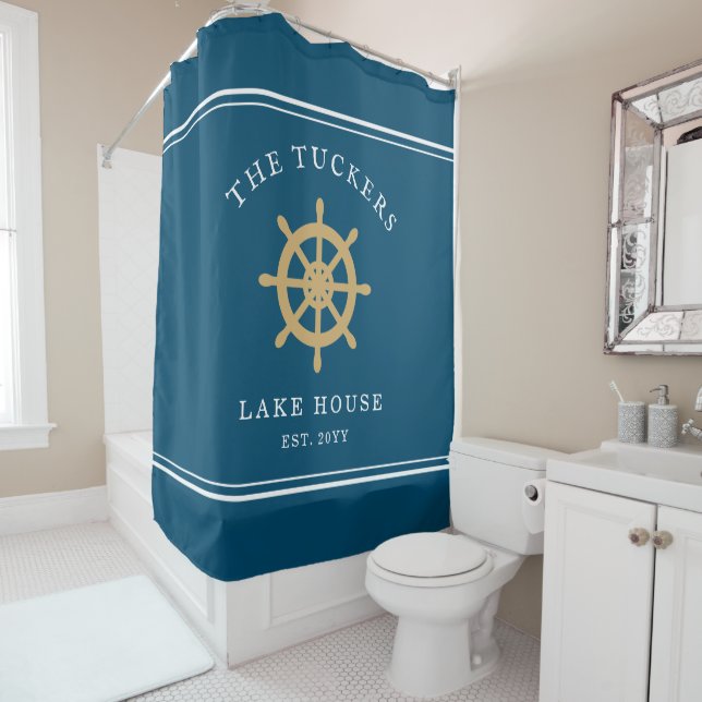Blue Family Name Lake House Nautical Ship's Wheel Duschvorhang (Beispiel)