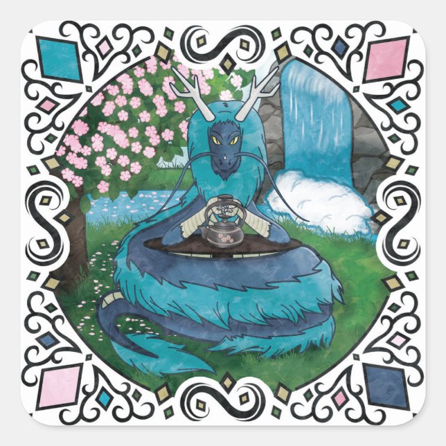 Blue Fantasy Eastern Dragon Tea Time Quadratischer Aufkleber (Vorderseite)