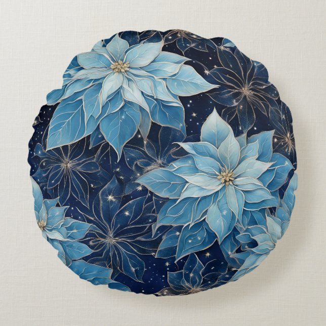Blue Fantasy Poinsettia Rundes Kissen (Vorderseite)