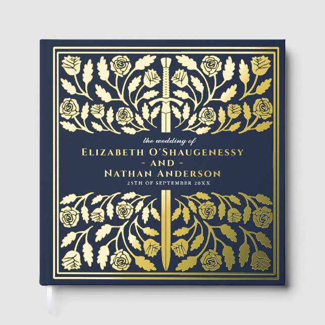 Blue Fantasy Royal Medieval Sword Wedding Gästebuch (Vorderseite)