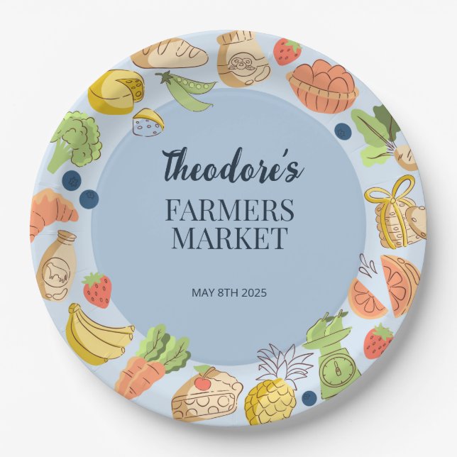 Blue Farmers Market Birthday Fruit & Vegetables Pappteller (Vorderseite)