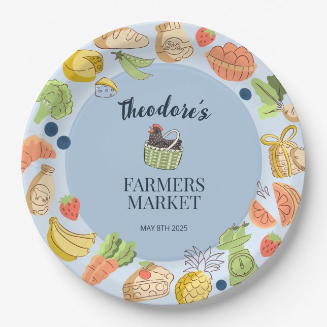 Blue Farmers Market Birthday Fruit & Vegetables Pappteller (Vorderseite)