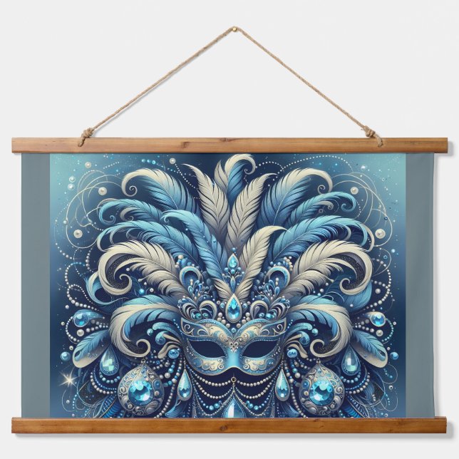 Blue Feather Masquerade Mask Illustration Wandteppich Mit Holzrahmen (Vorne)