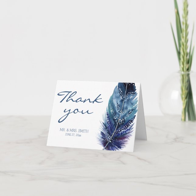 Blue Feather Wedding Vielen Dank Ihr Hinweis Karte (Vorderseite)