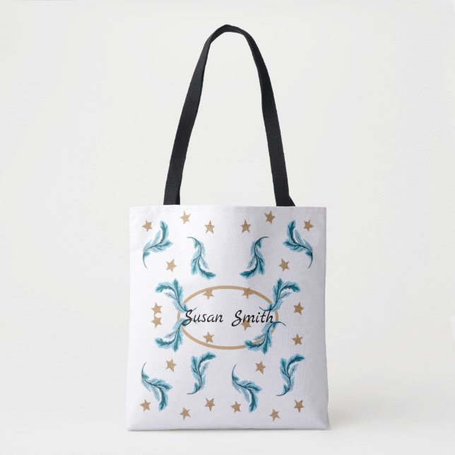 Blue Feathers and Gold Stars Boho Style on White Tasche (Vorderseite)