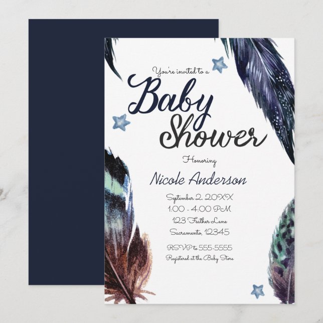 Blue Feathers Boho Bohemisch Rustic Baby Dusche Einladung (Vorne/Hinten)