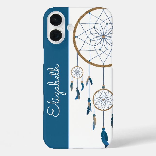 Blue Feathers Dreamcatcher Individuelle Name Boho iPhone 16 Plus Hülle (Rückseite)