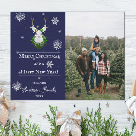 Blue Festive Reindeer Holiday Foto Card Feiertagskarte