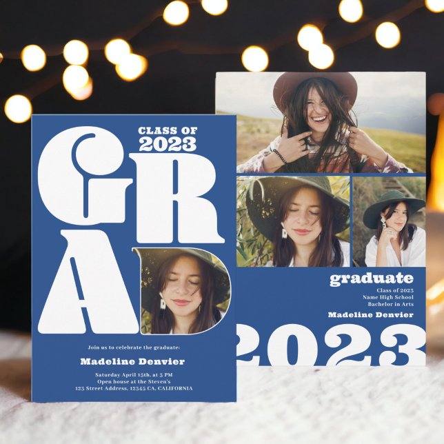 Blue fett übergroß Grad 4 Foto 2023 Abschluss Einladung (Blue bold oversized Grad 4 photo 2023 graduation Invitation)