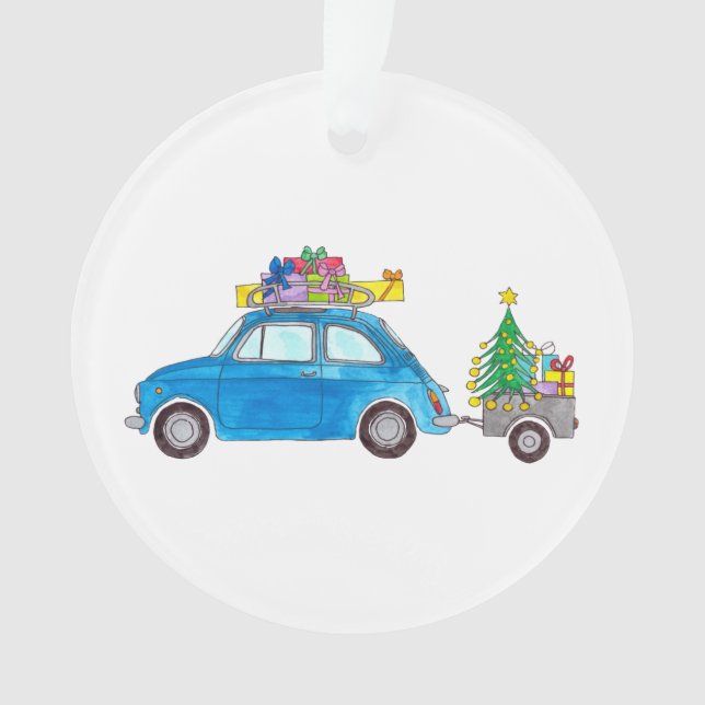 Blue Fiat 500 mit Weihnachtsgeschenken Wasserfarbe Ornament (Vorderseite)