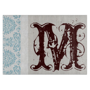 Blue Filigree Damask Monogram Glas Cutting Board Schneidebrett