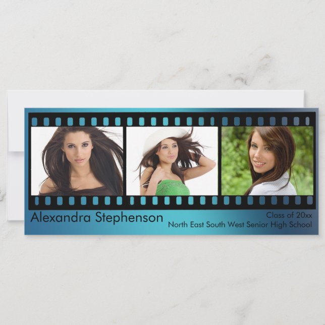 Blue Filmstrip Abschluss 3-Foto Einladung (Vorderseite)