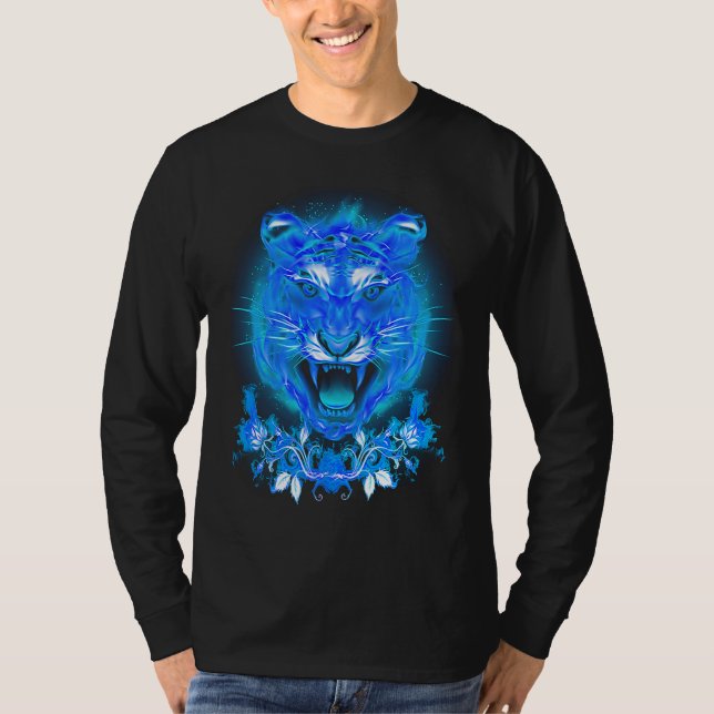 Blue Fire Flaming Tiger Cat T-Shirt (Vorderseite)