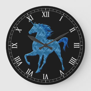 Blue Fire Unicorn Roman Numeral Clock Große Wanduhr