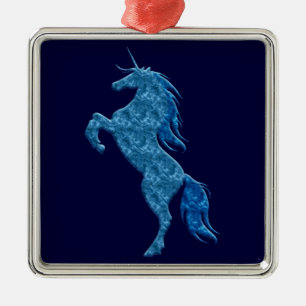 Blue Fire Unicorn Square Silbernes Ornament