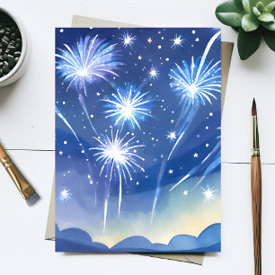 Blue Fireworks   Feuerwerk Celebration Watercolor Postkarte