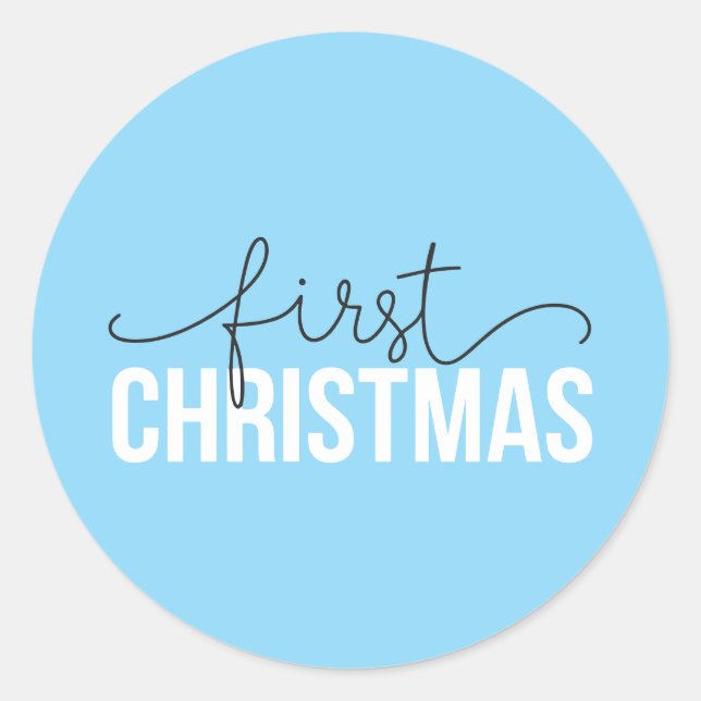 Blue "First Christmas" Modern für neue Eltern Runder Aufkleber (Vorderseite)