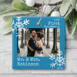 Blue First Christmas Mr. & Mrs. Custom Foto Keramikornament