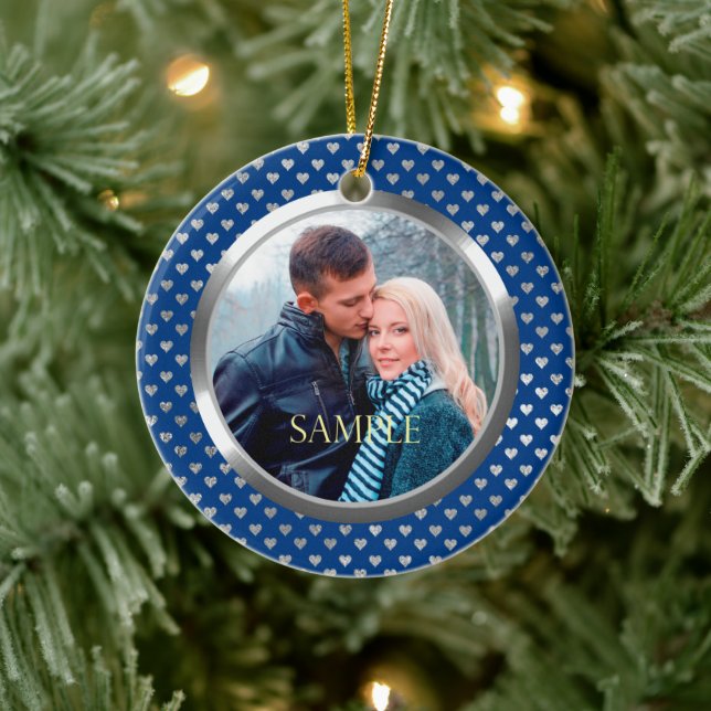 Blue First Christmas Silver Hearts Keramik Ornament (Baum)