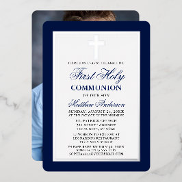 Blue First Holy Communion Foto Silver Frame Folieneinladung