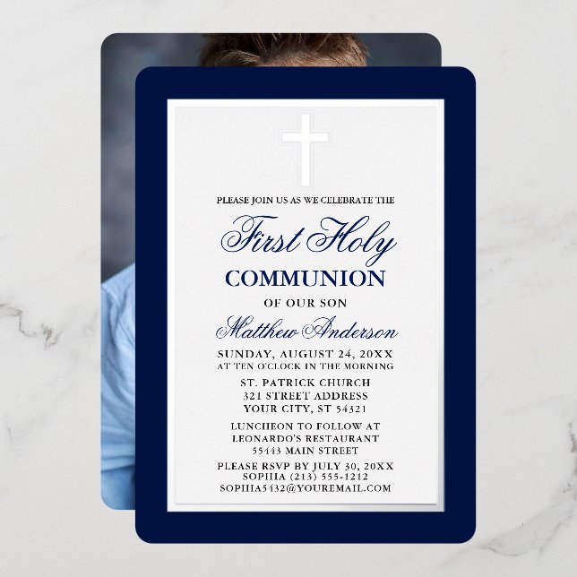 Blue First Holy Communion Foto Silver Frame Folieneinladung (Vorderseite/Rückseite)