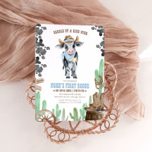 Blue First Rodeo 1st Birthday Invitation, Boy Cow