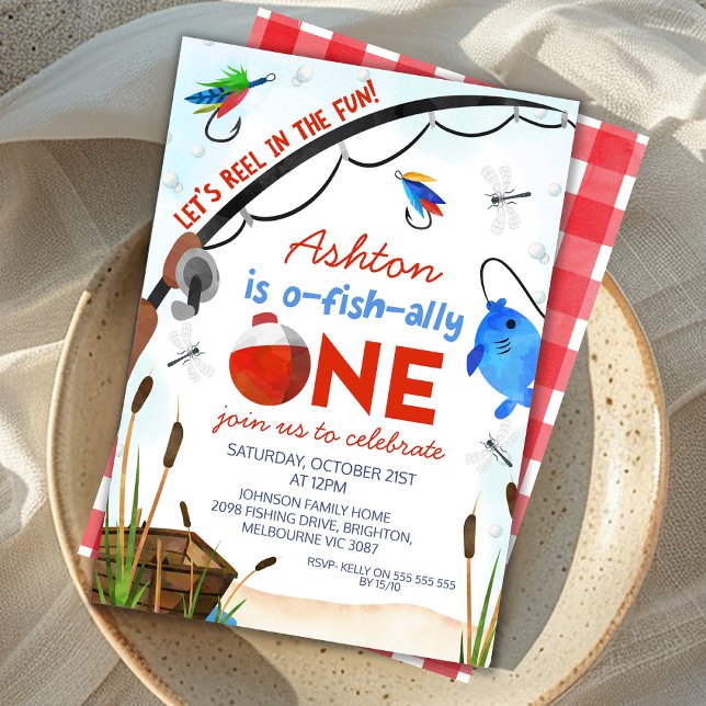 Blue Fish Boat Ofishally 1. Geburtstag Einladung (Red Blue Ofishally One 1st Birthday Invitation for Little Boy, Fishing Themed First Birthday Invite)