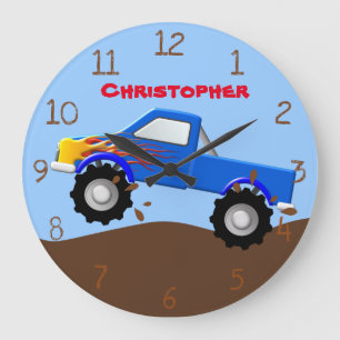Blue Flames Monster Truck Große Wanduhr