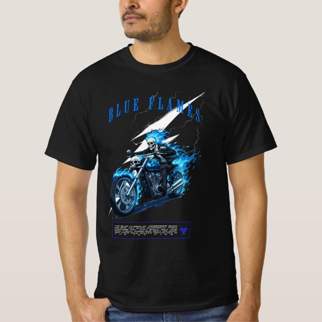 Blue Flames Motorcycle Design | Skull Rider T-Shirt (Vorderseite)