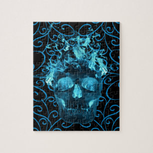 Blue Flaming Fire Skull Art