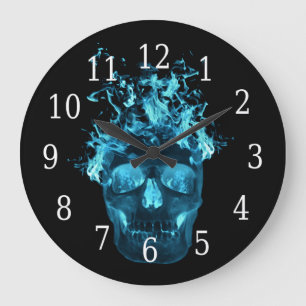 Blue Flaming Skull Round Clock Große Wanduhr