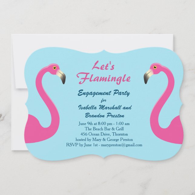 Blue Flamingo Beach Engagement Party Einladung (Vorderseite)