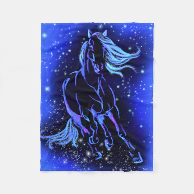 Blue Fleece Blanket Horse Running At Starry Night  (Vorderseite)