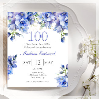 Blue Floral 100. Geburtstag Einladung