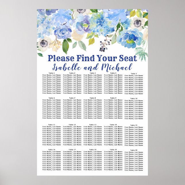Blue Floral 20-Tisch Hochzeitskarte Poster (Vorne)