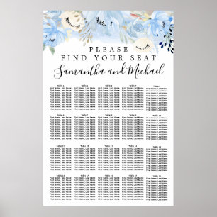 Blue Floral 20-Tisch Hochzeitskarte Poster