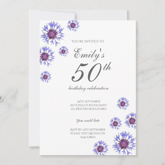 Blue Floral 50th Birthday Party Invitation (Devant)