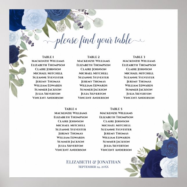 Blue Floral 5 Tabelle Elegantes Hochzeitsstil Poster (Vorne)
