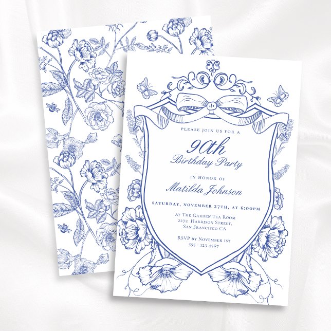 Blue Floral 90. Geburtstagsparty Einladung (Blue Floral 90th Birthday Party Invitation)