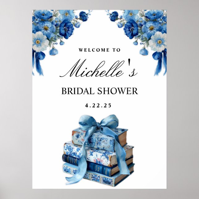 Blue Floral A New Chapter Brautparty Sign Poster (Vorne)