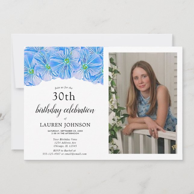Blue Floral Adulte Anniversaire Photo Invitation (Devant)