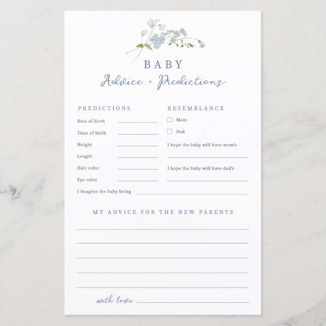 Blue Floral Advice Predictions Baby Shower Game (Vorderseite)