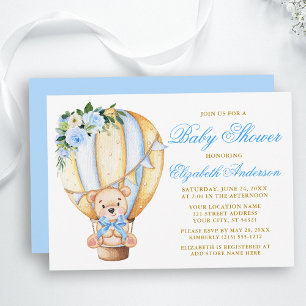 Blue Floral Air Ballon Teddy Bear Baby Dusche Einladung