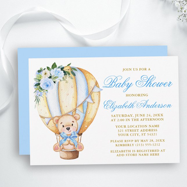 Blue Floral Air Ballon Teddy Bear Baby Dusche Einladung (Customize to change text color, size, style or to change color of back of card.)