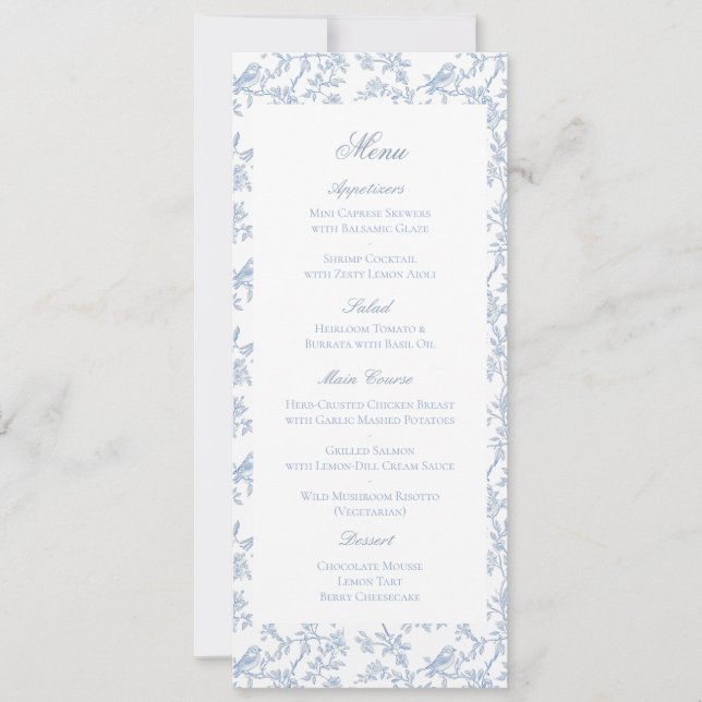 Blue Floral and Bird Toile Wedding Menu Card Save The Date (Vorderseite)