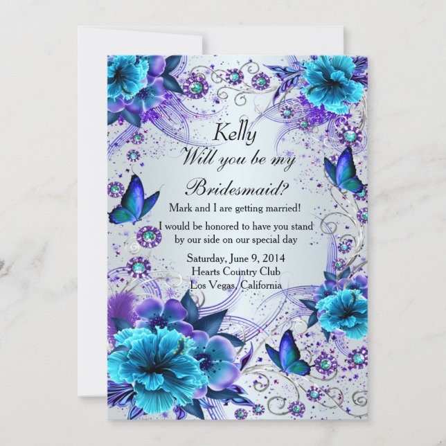 Blue Floral and Butterfly Bridesmaid Card Einladung (Vorderseite)