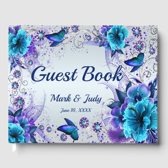 Blue Floral and Butterfly Wedbook Gästebuch (Vorderseite)