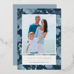 Blue Floral and Gold Hanukkah Foto Folien Feiertagskarte<br><div class="desc">Dunkelblaues Blumendesign von Shelby Allison. Personalisieren Sie diese Hanukkah Fotokarte mit Ihrem Bild und echten Goldfoliendruck.</div>